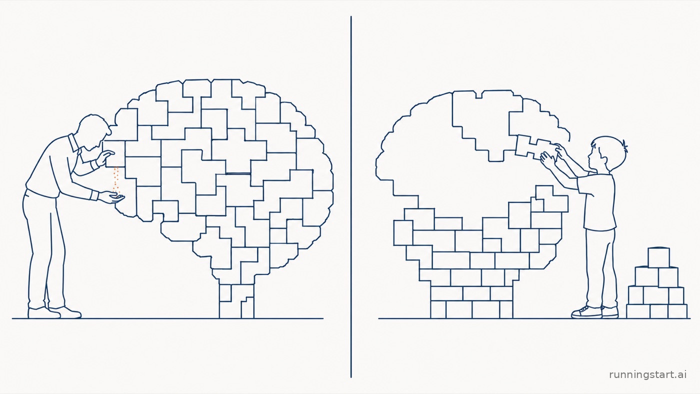 Two line drawings. On the left an adult stands beside a complete brain built of interlocking blocks, catching pieces that are crumbling out of it. On the right a child adds blocks to a brain that is only partly built, with a stack of spare blocks waiting on the ground.