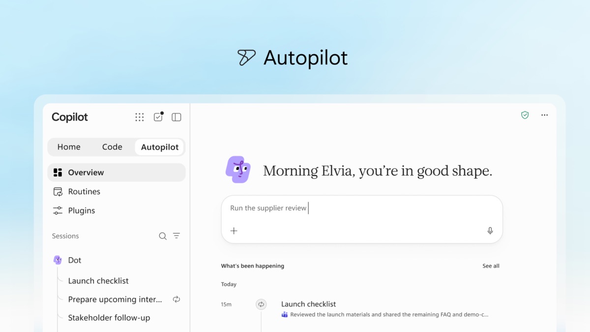 Screenshot of the Microsoft Copilot Autopilot home screen with a greeting, a launch checklist and a list of recent activity.