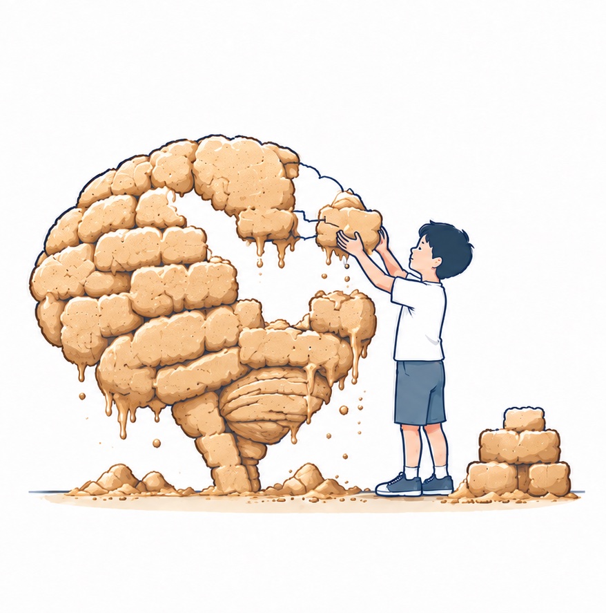 A boy stacks crumbling sand blocks onto a half-built sand brain.