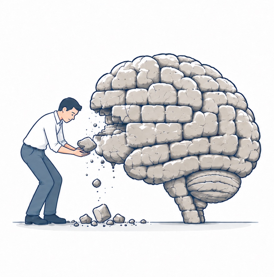 A man chips stone blocks off a large stone brain, pieces falling at his feet.