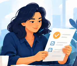Illustration of a smiling staff member holding a checklist with an orange check mark.