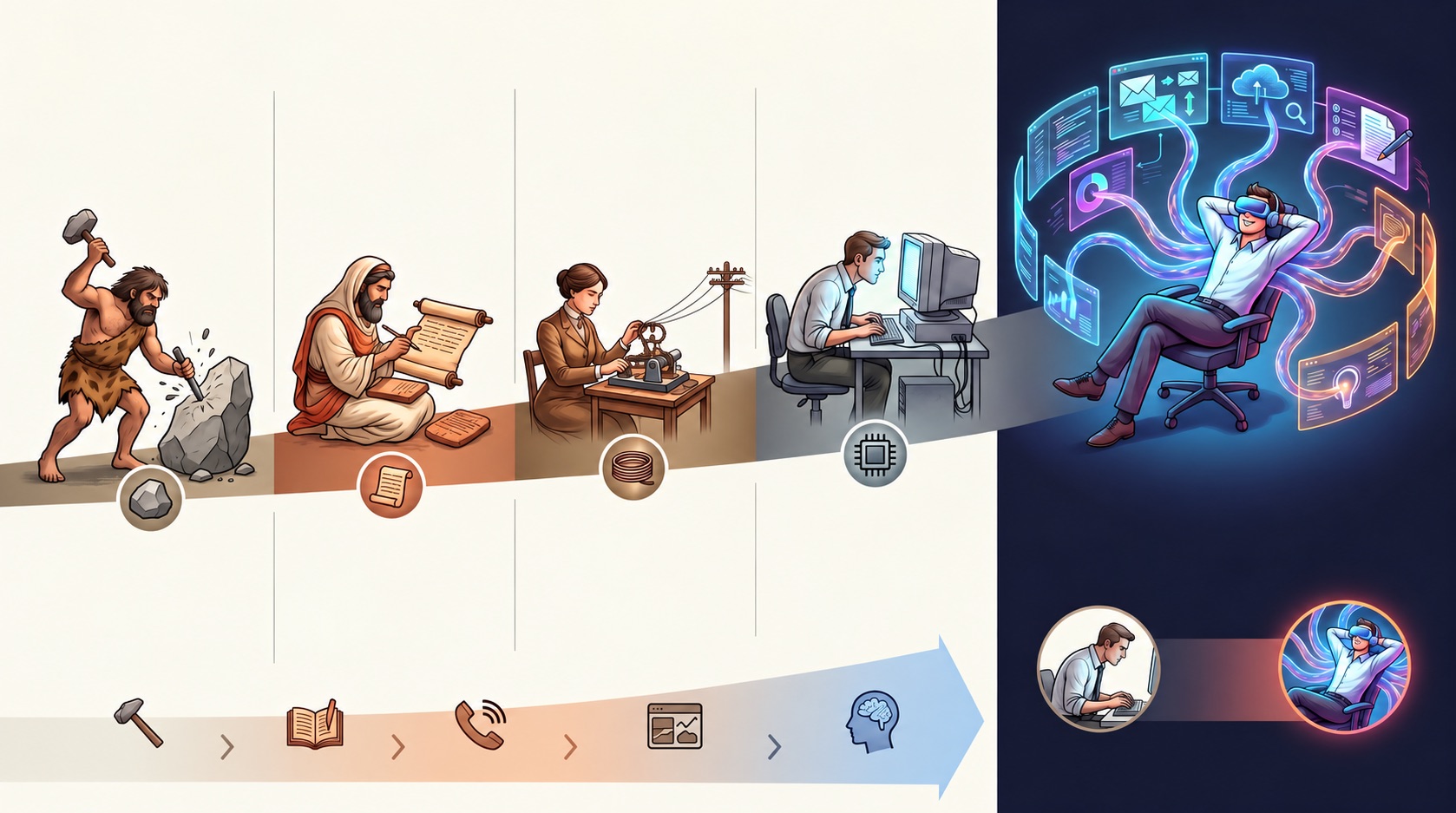 Work tools through history, left to right: a caveman strikes stone with a hammer, a scribe writes on a scroll, a woman taps a telegraph, a man types at an old desktop computer, and a man in a headset reclines while glowing agent arms work across floating app windows around him.