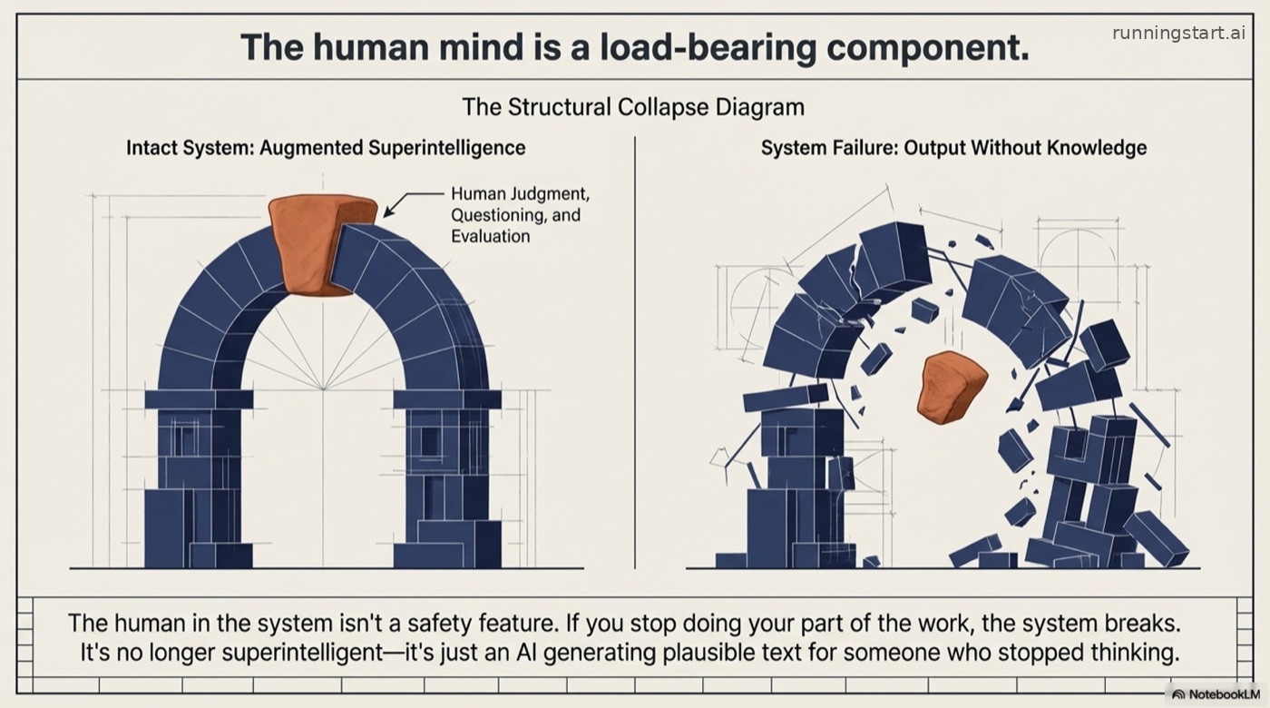 The Structural Collapse Diagram: Intact system with human judgment as keystone versus system failure when the human stops thinking