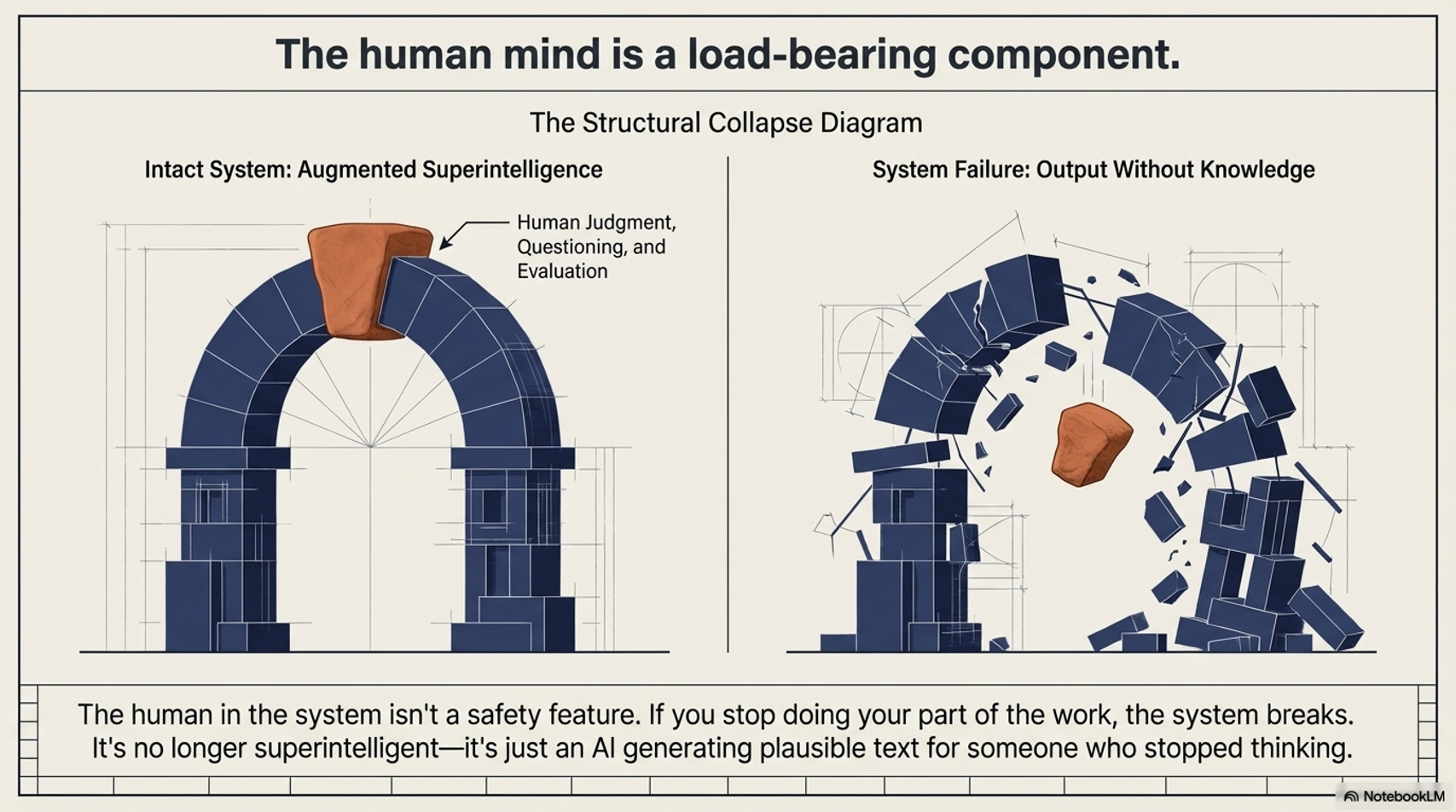The Structural Collapse Diagram: Intact system with human judgment as keystone versus system failure when the human stops thinking