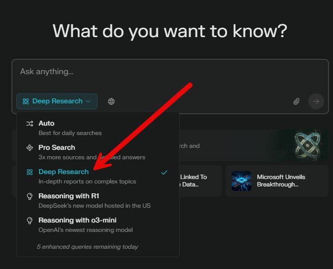 Perplexity AI Deep Research interface