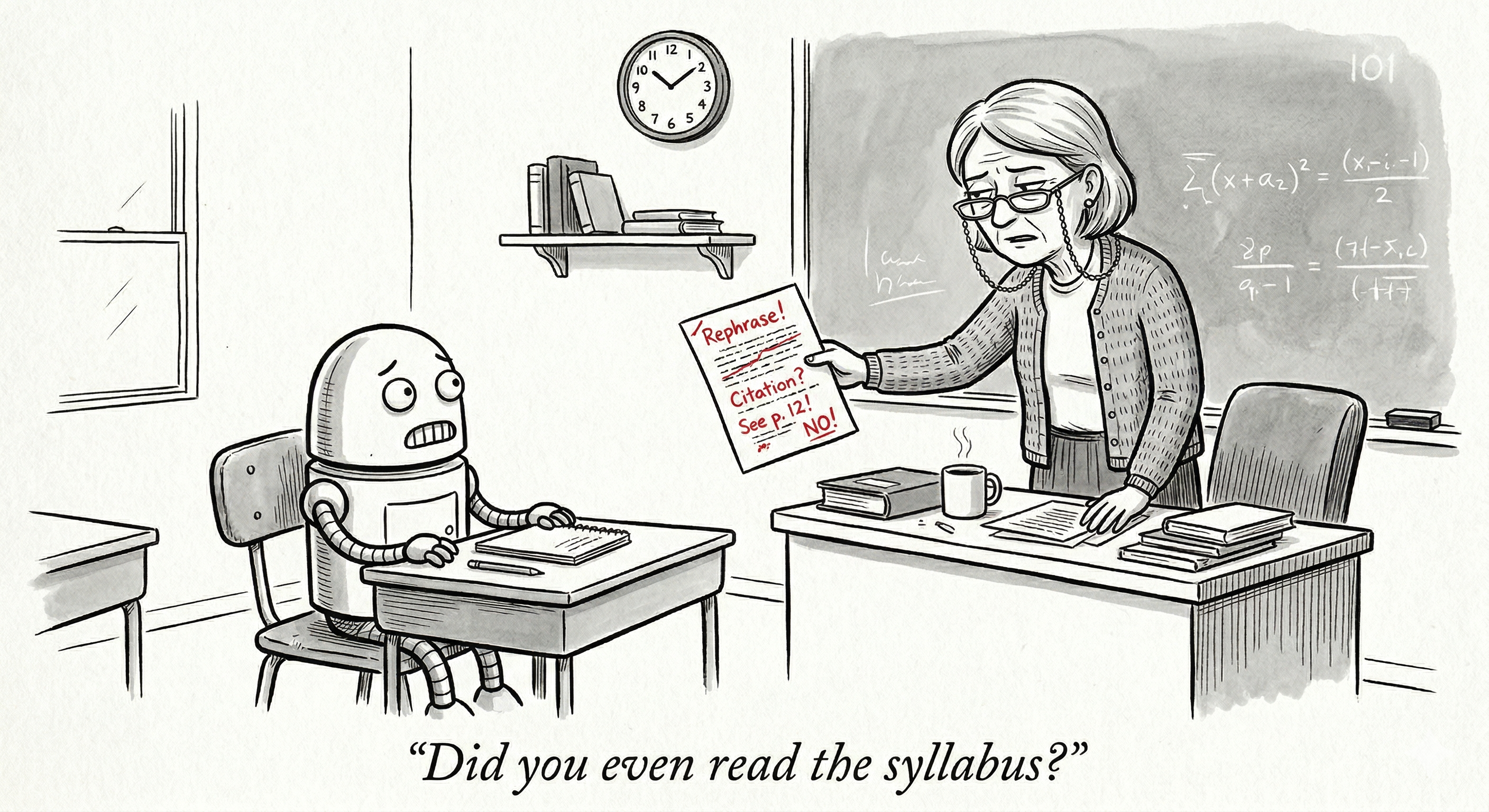 Cartoon of a teacher showing a marked-up paper to a robot student, captioned: Did you even read the syllabus?