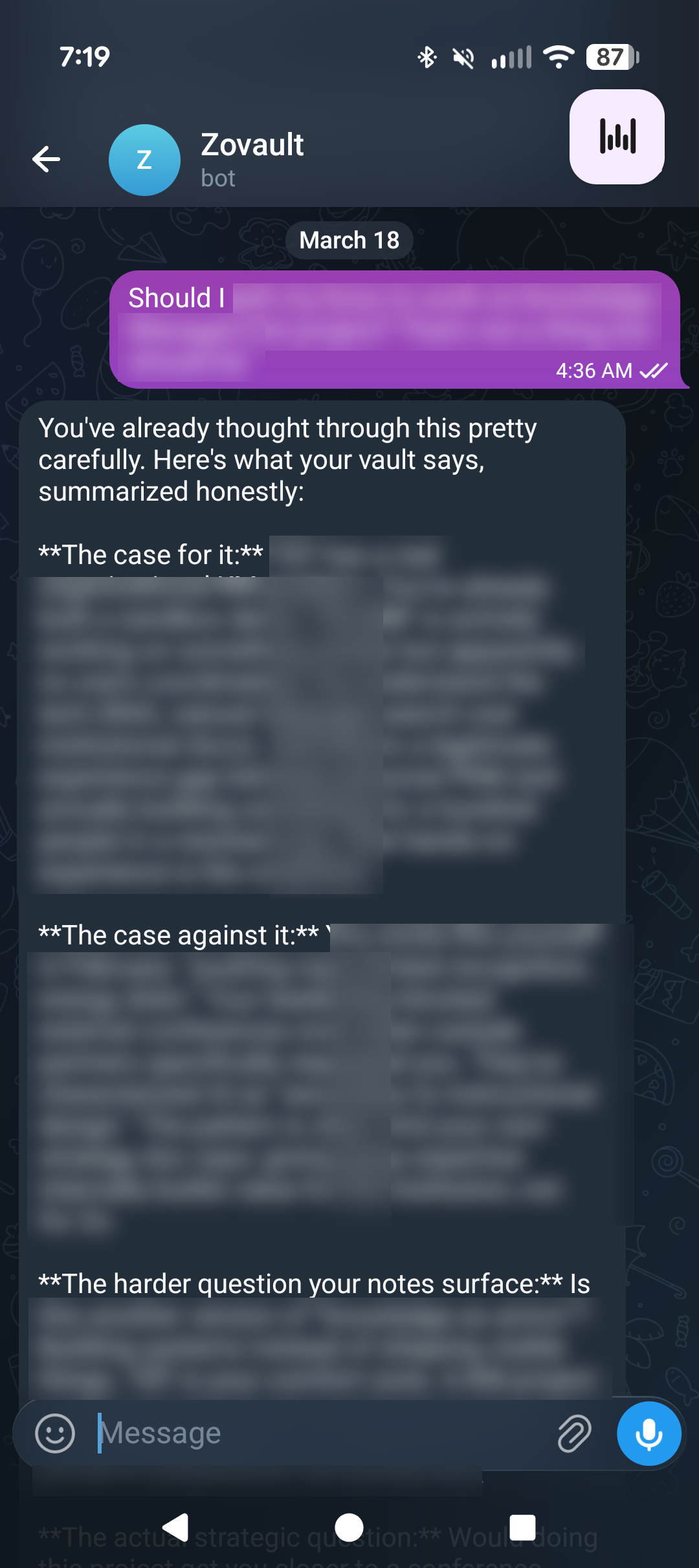 Screenshot of a Telegram conversation with a Zovault bot responding at 4:36am